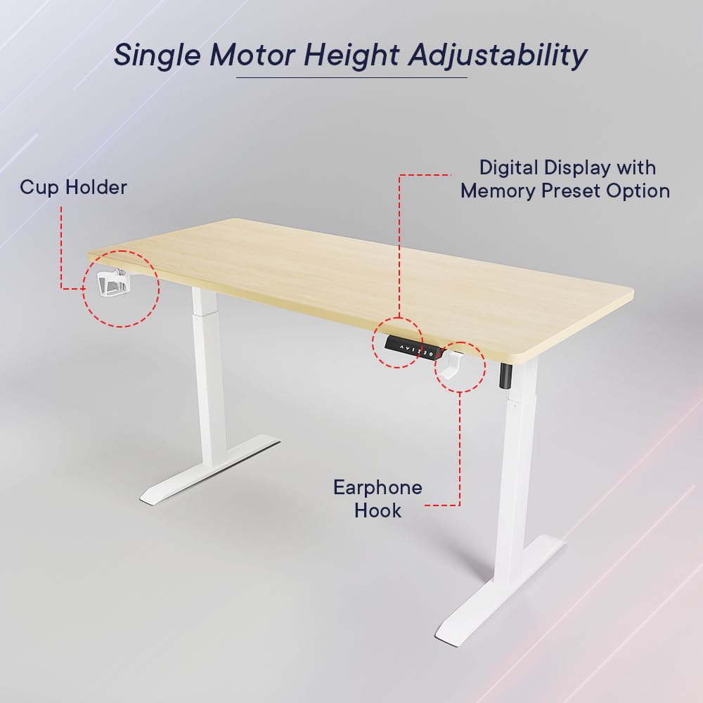 SAVYA HOME Electric Height Adj. Engineered Wood Desk, Ergonomic Sit-Stand Desk, Digital Display with Memory Preset Option, Cup Holder & Earphone Hook (160 * 60*(72-117) cm), Beige Walnut