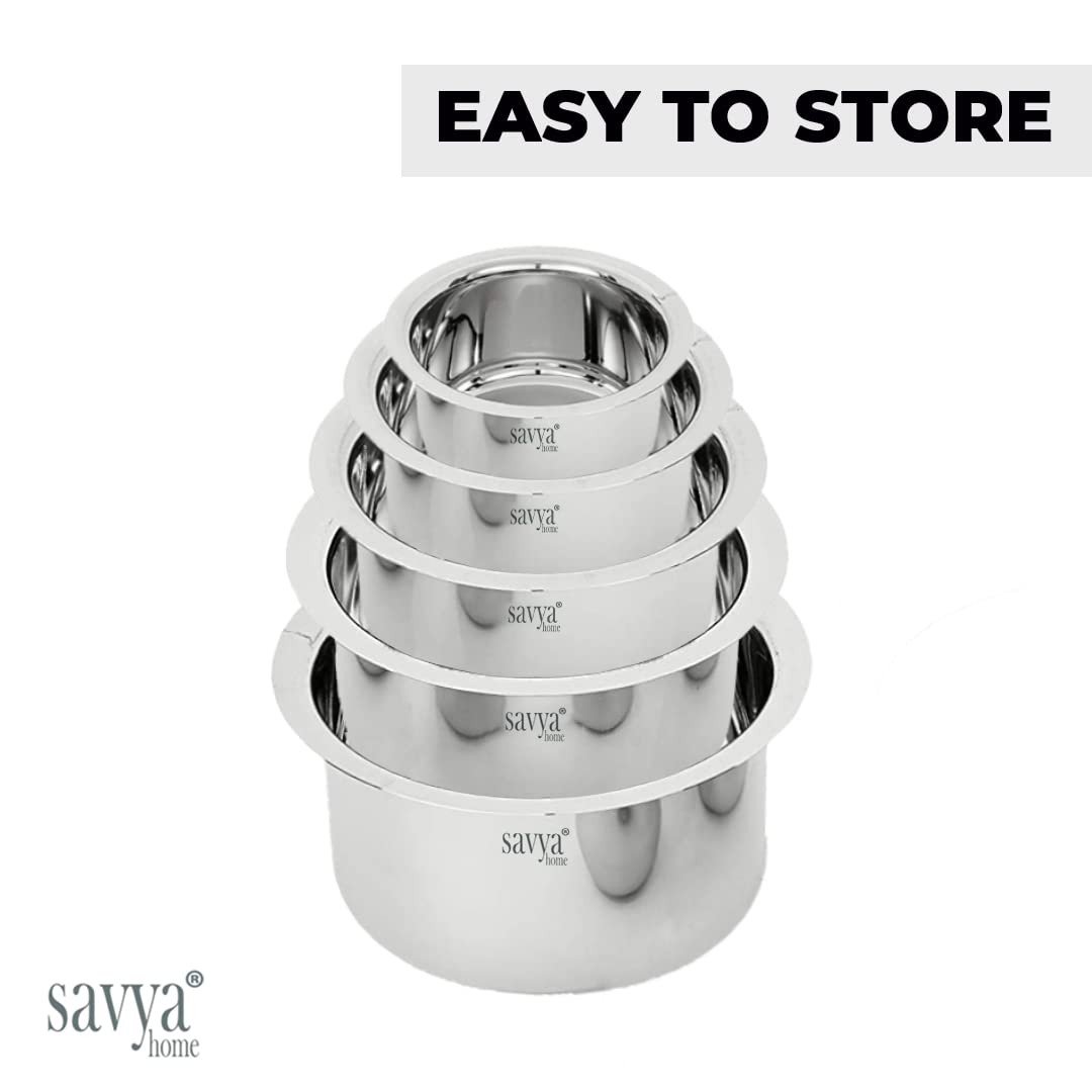 SAVYA HOME Stainless Steel Tope Set Without Lid | Food Grade Stainless Steel, Durable & Wobble Free Base | Flat Bottom | Suitable for Gas Stove, High & Low Flame Heating | Kitchen Tope Set of 5 - Assorted