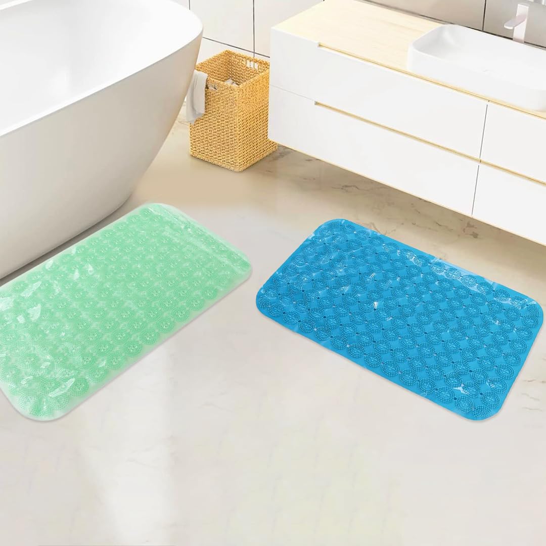 Savya Home Anti Skid Bath Mat for Bathroom, PVC Bath Mat with Suction Cup, Machine Washable Floor Mat (67x37 cm)| Light Green & Blue