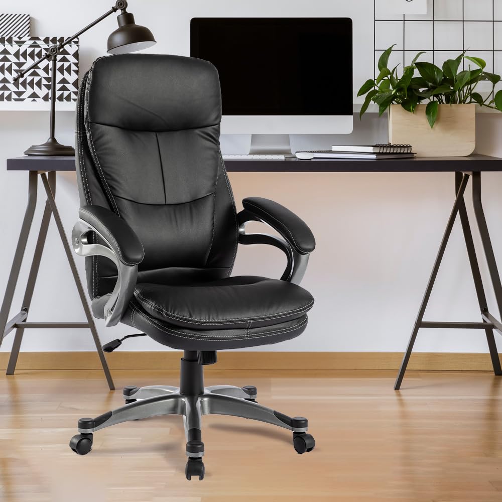SAVYA HOME Leatherette Executive Office Chair|Study Chair for Office, Home|High Back Ergonomic Chair for Office, Spacious Cushion Seat & Heavy Duty Chromed Base, Black
