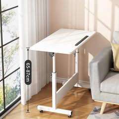SAVYA HOME Multipurpose Manual Height Adjustable, Movable Desk with Wheels and Adjustable Table Top (30° - 90°) for Home, Office, Couch, Bedside Table (White) (White)