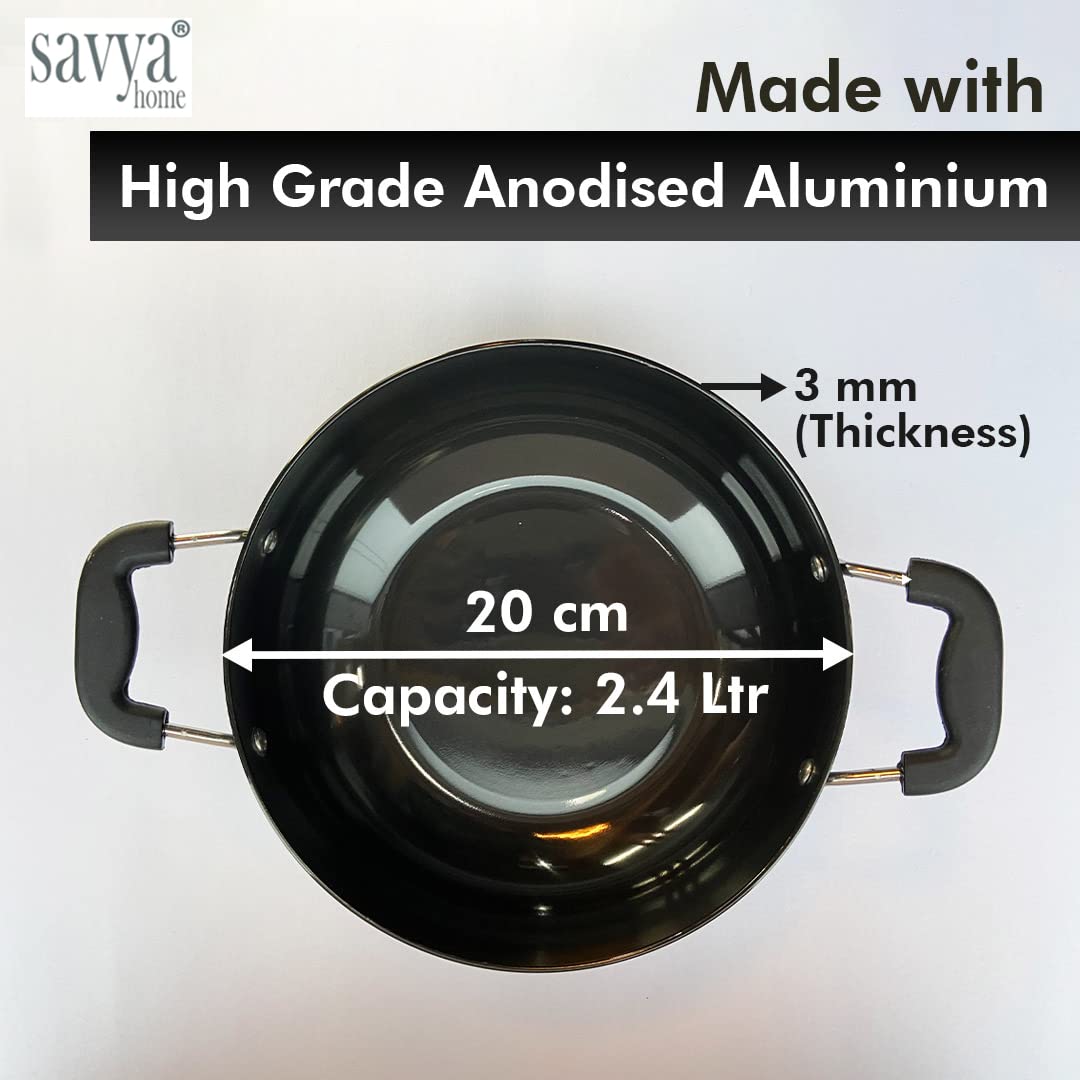 SAVYA HOME Hard Anodised Aluminium Kadai with Lid for Cooking | 20 cm Diameter | Gas & Induction Cookware | Black