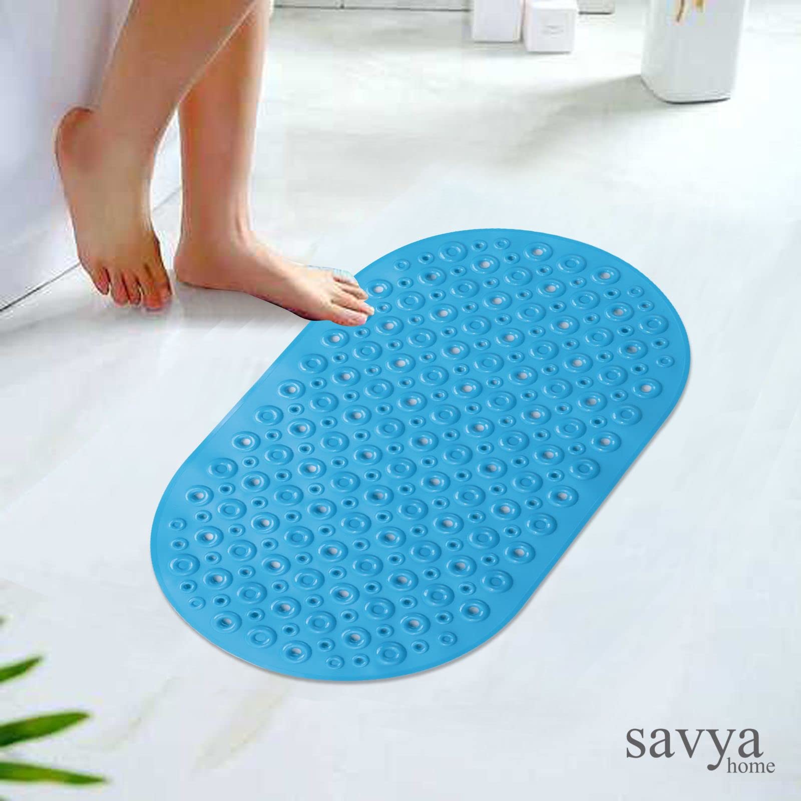 SAVYA HOME - Blue Nonslip Soft Rubber Bath Mat, Rain Mat for Bathtub and Shower, Anti Slip, Anti Bacterial, Machine Washable PVC Bath Mat for Bathroom | Size : 65 x 36 cm