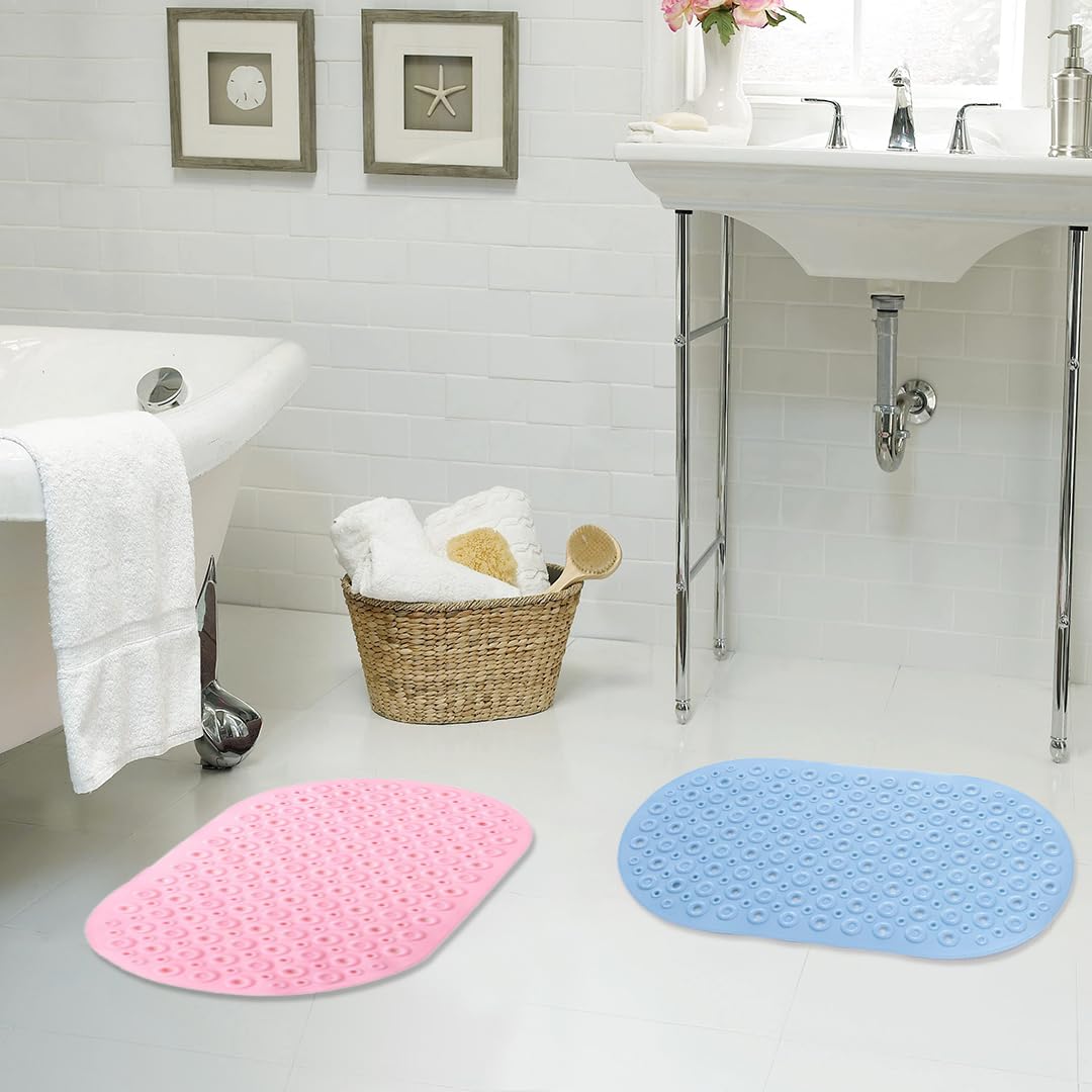 Savya Home Pack of 2 Nonslip Soft Rubber Bath Mat, Rain Mat for Bathtub and Shower, Anti Slip, Anti Bacterial, Machine Washable PVC Bath Mat for Bathroom | 65 x 36 cm |Light Blue & Pink