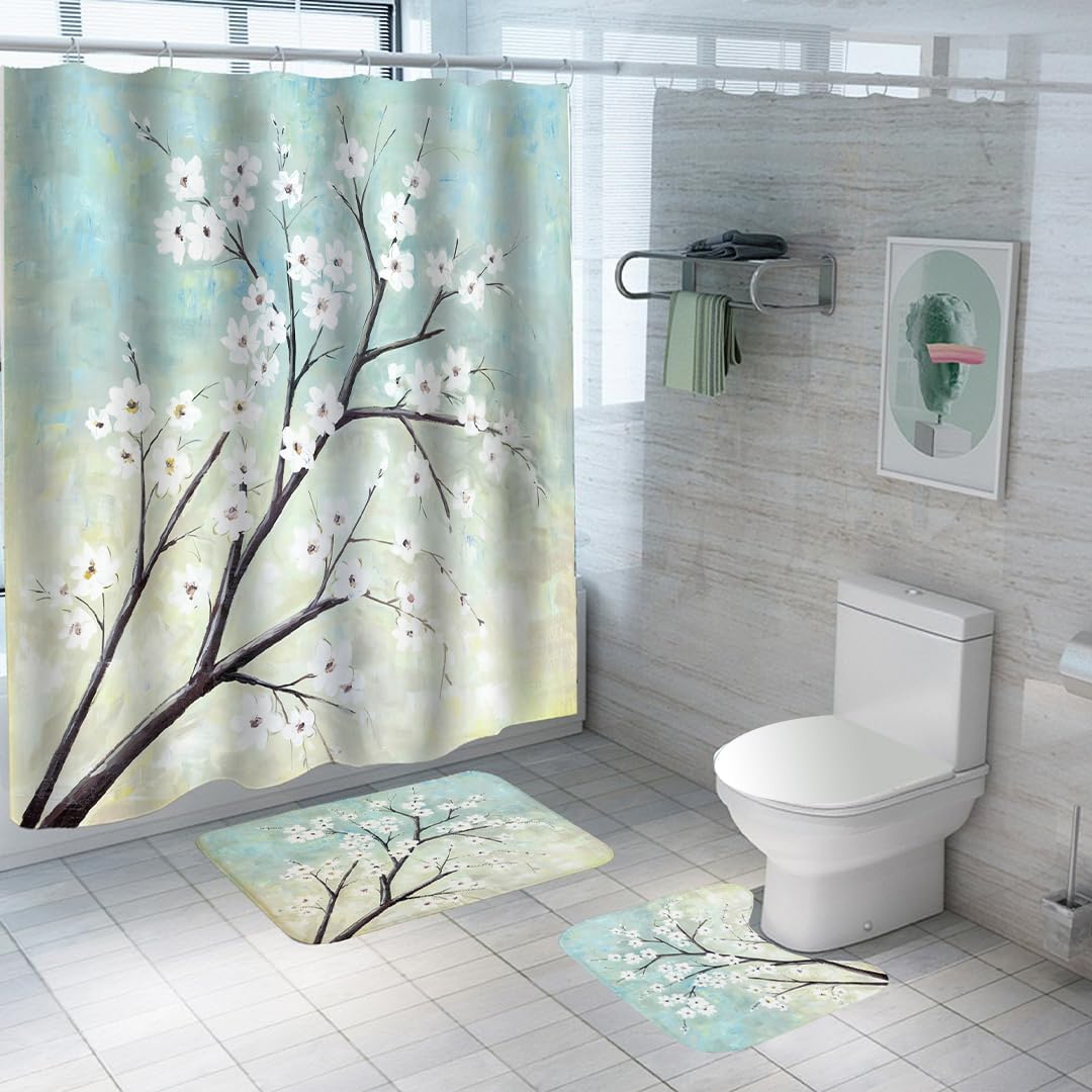 SAVYA HOME Shower Curtain (1) & Bathroom Mat (2) Set, Shower Curtains for Bathroom I, Waterproof Fabric I Anti Skid Mat for Bathroom Floor I Dogwood Blossoms, Pack of 3
