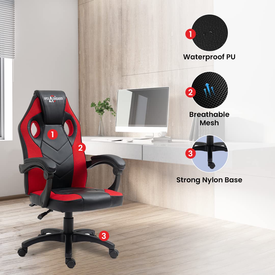 SAVYA HOME Hacker Multi-Functional Ergonomic Gaming/Computer/Home/Office Chair, Premium PVC Fabric Chair with Built-in Lumbar Support (Blue)| Apex Crusader Gaming Series (Red)