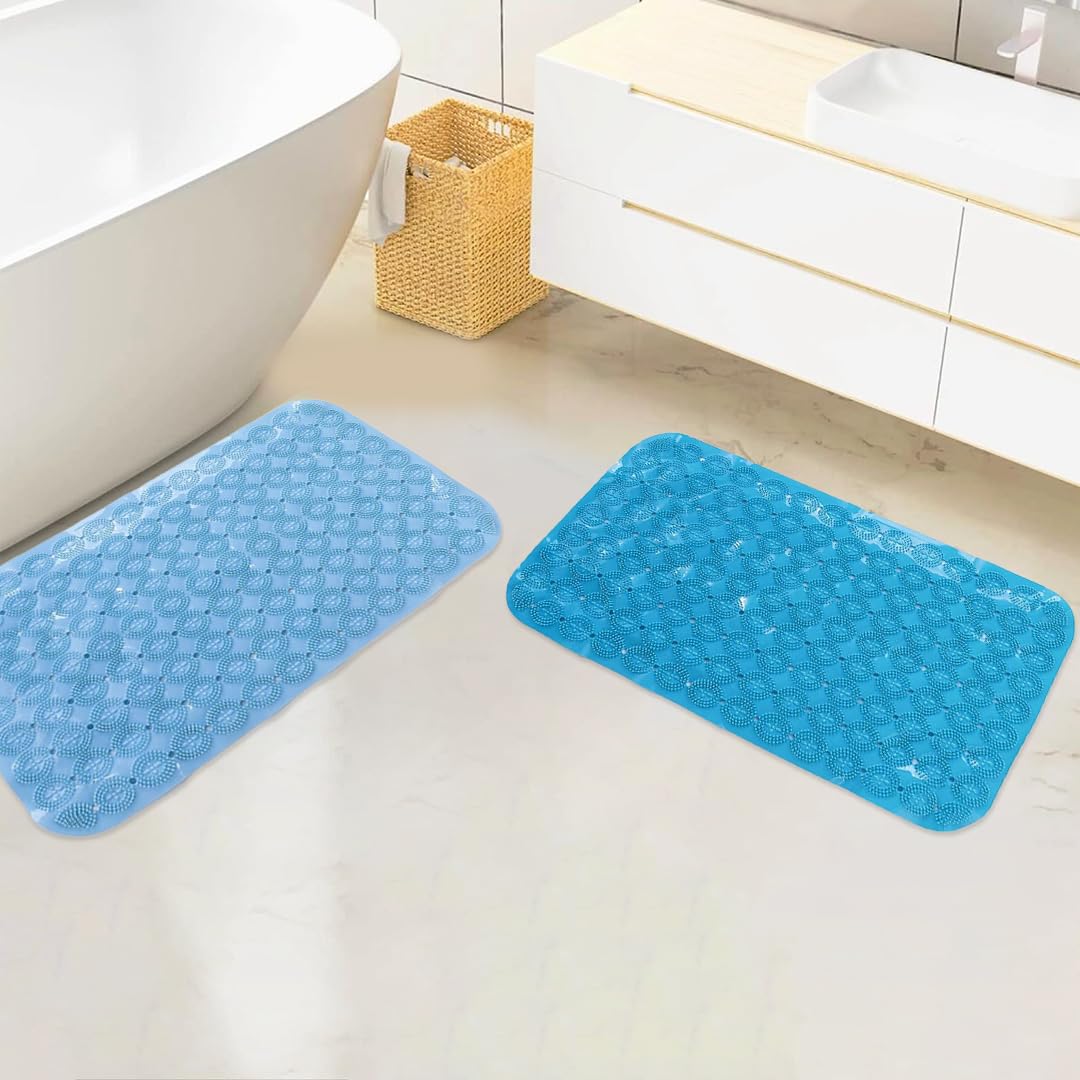 Savya Home Anti Skid Bath Mat for Bathroom, PVC Bath Mat with Suction Cup, Machine Washable Floor Mat (67x37 cm)| Light Blue & Blue