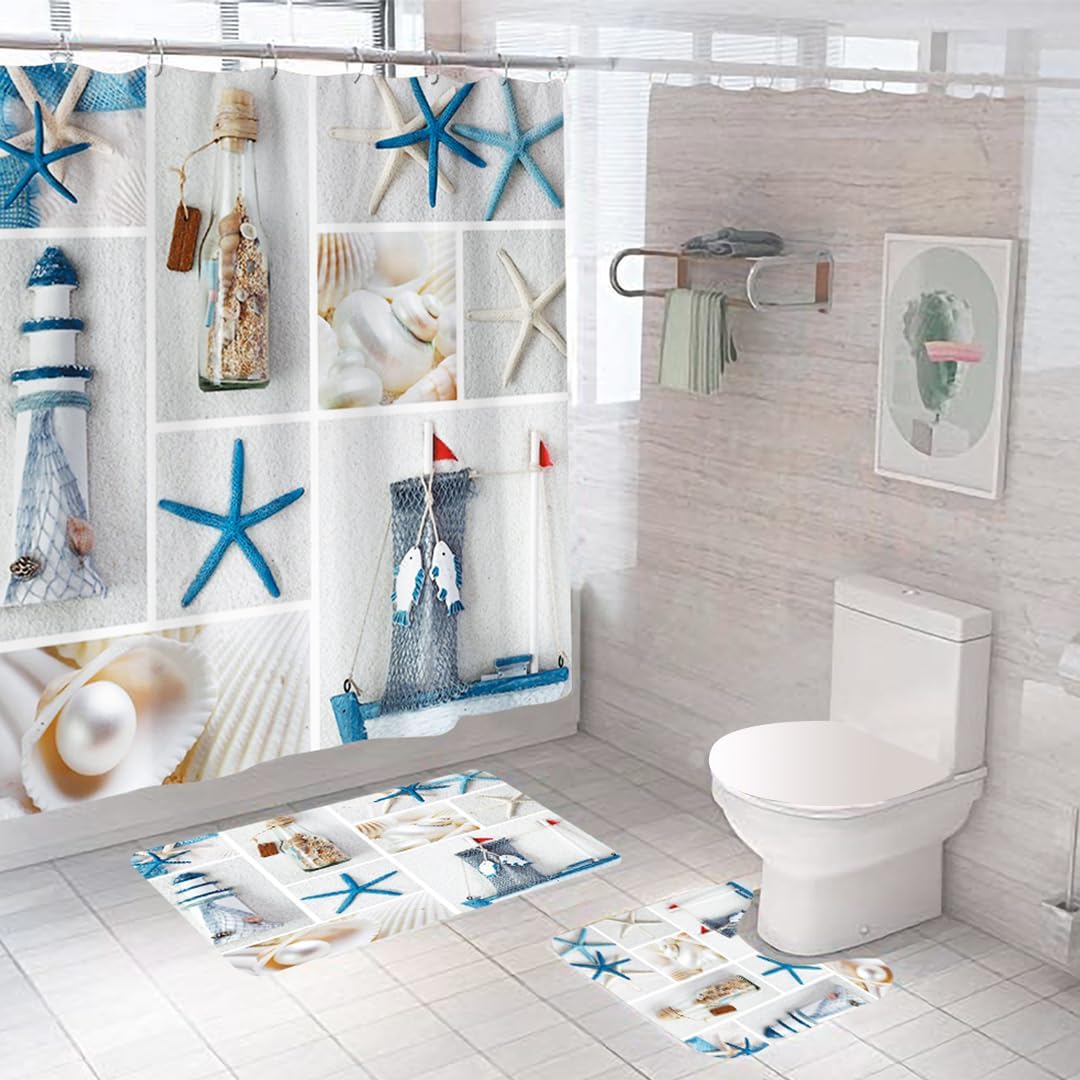 SAVYA HOME Shower Curtain (1) & Bathroom Mat (2) Set, Shower Curtains for Bathroom I, Waterproof Fabric I Anti Skid Mat for Bathroom Floor I Nautical Blue, Pack of 3