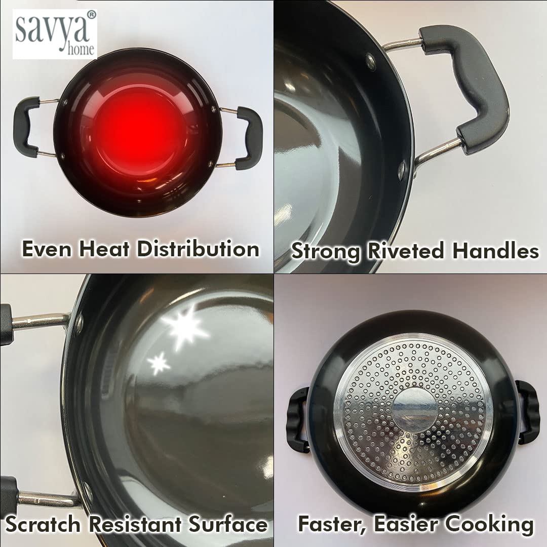 SAVYA HOME Hard Anodised Aluminium Kadai with Lid for Cooking | 20 cm Diameter | Gas & Induction Cookware | Black