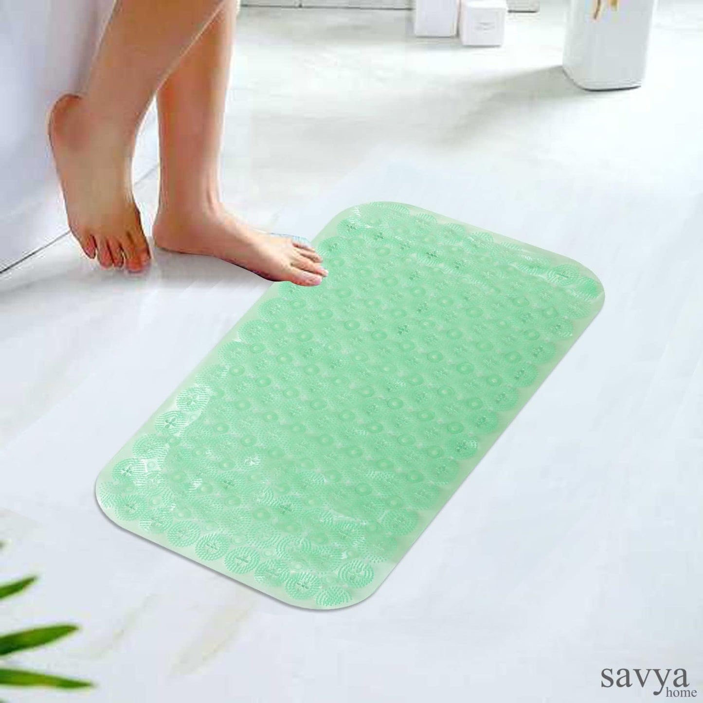 Savya Home Anti Skid Bath Mat for Bathroom, PVC Bath Mat with Suction Cup, Machine Washable Floor Mat (67x37 cm)| Light Green & Light Blue
