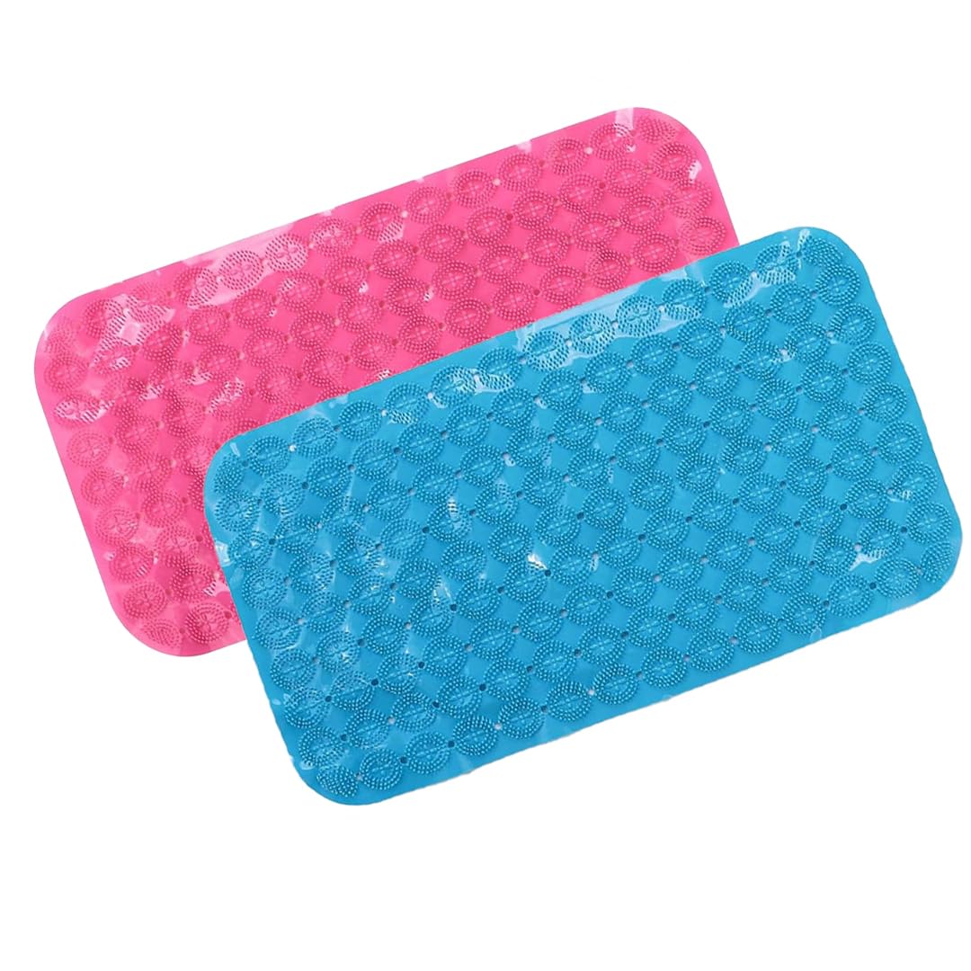 Savya Home Anti Skid Bath Mat for Bathroom, PVC Bath Mat with Suction Cup, Machine Washable Floor Mat (67x37 cm)| Blue & Pink