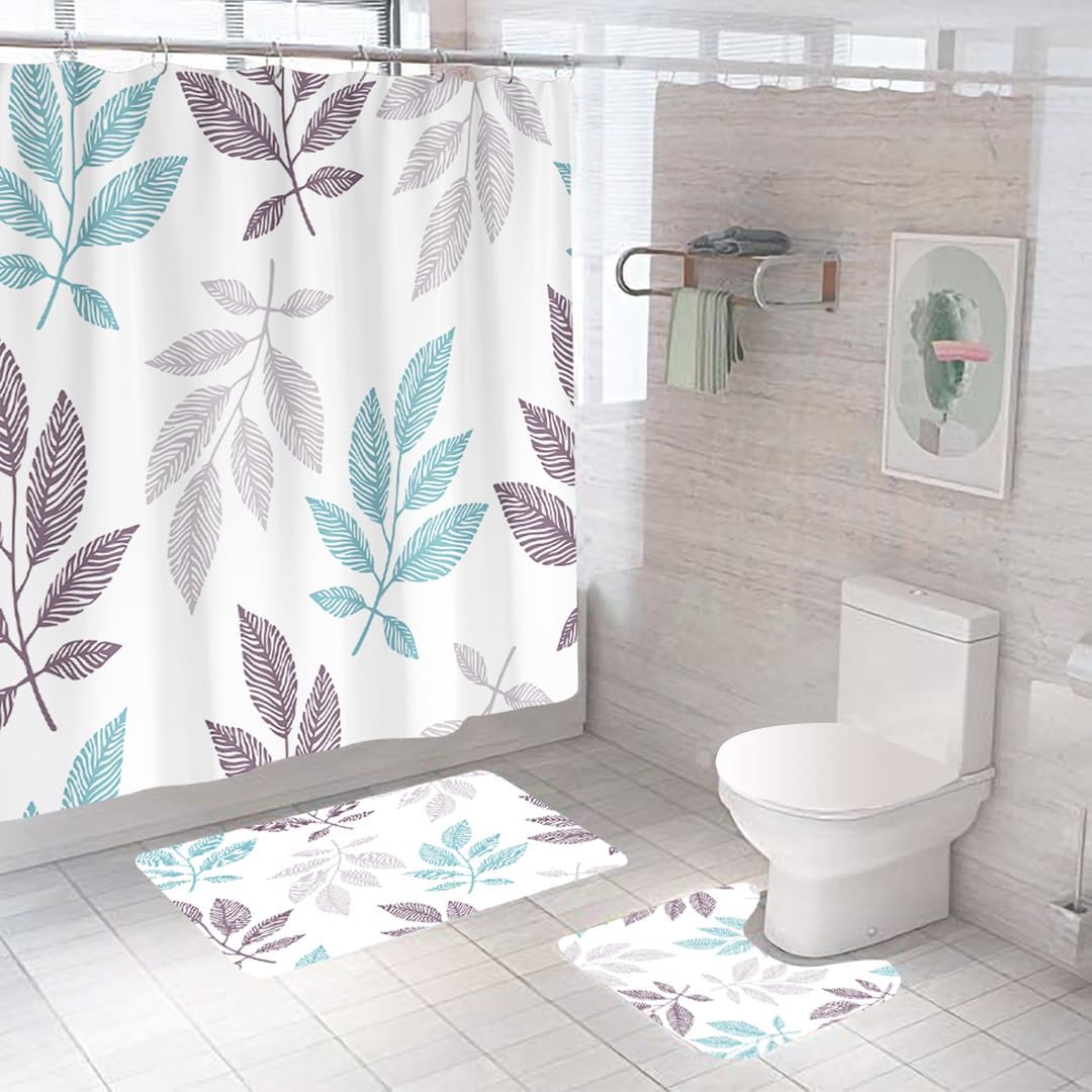 SAVYA HOME Shower Curtain (1) & Bathroom Mat (2) Set, Shower Curtains for Bathroom I, Waterproof Fabric I Anti Skid Mat for Bathroom Floor I Multicolor Leaves, Pack of 3