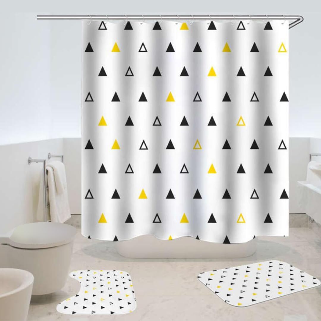 SAVYA HOME Shower Curtain (1) & Bathroom Mat (2) Set, Shower Curtains for Bathroom I, Waterproof Fabric I Anti Skid Mat for Bathroom Floor I Yellow Black Triangle, Pack of 3