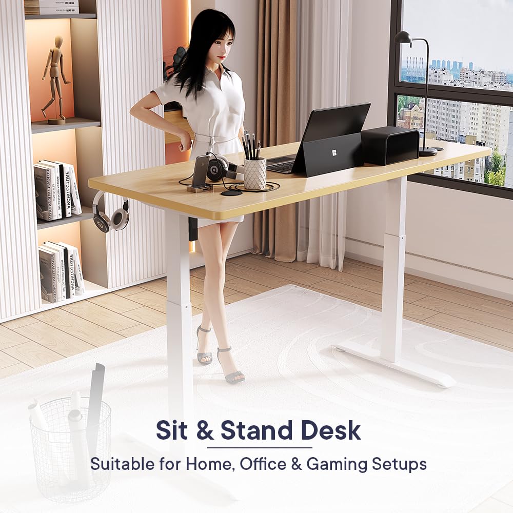 SAVYA HOME Electric Height Adj. Engineered Wood Desk, Ergonomic Sit-Stand Desk, Digital Display with Memory Preset Option, Cup Holder & Earphone Hook (160 * 60*(72-117) cm), Beige Walnut