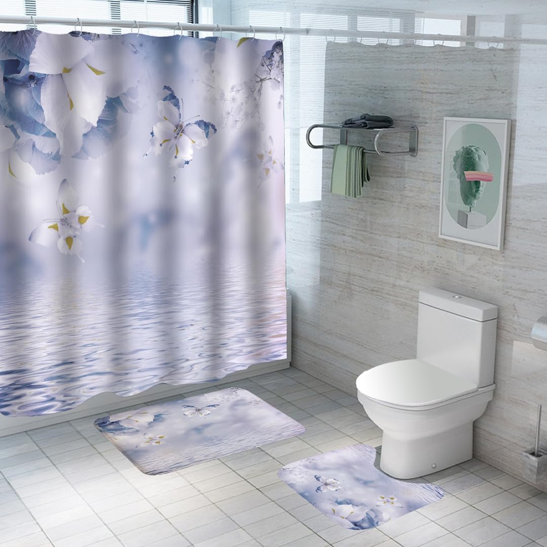 SAVYA HOME Shower Curtain (1) & Bathroom Mat (2) Set, Shower Curtains for Bathroom I, Waterproof Fabric I Anti Skid Mat for Bathroom Floor I Misty Blue, Pack of 3