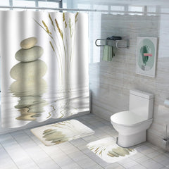 SAVYA HOME Shower Curtain (1) & Bathroom Mat (2) Set, Shower Curtains for Bathroom I, Waterproof Fabric I Anti Skid Mat for Bathroom Floor I Zen Stones, Pack of 3