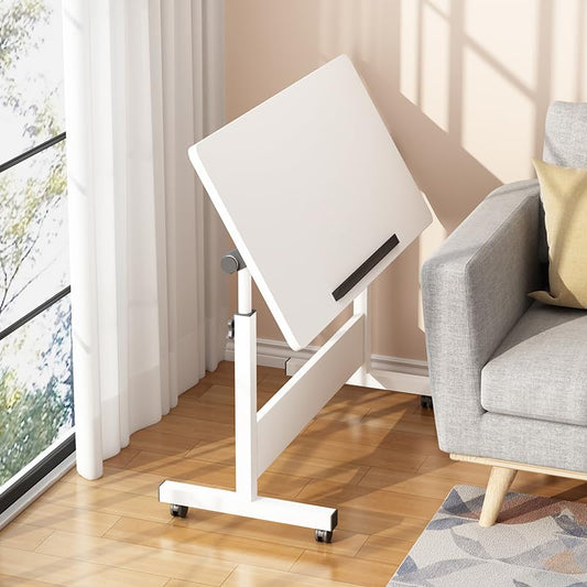 SAVYA HOME Multipurpose Manual Height Adjustable, Movable Desk with Wheels and Adjustable Table Top (30° - 90°) for Home, Office, Couch, Bedside Table (White)