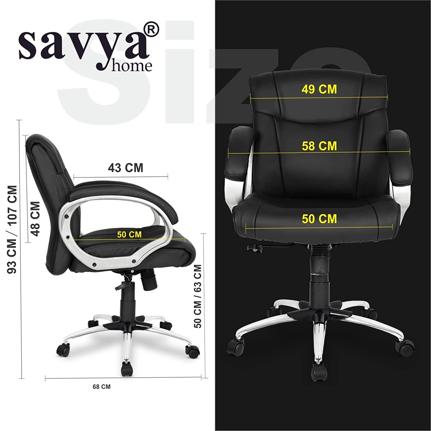 SAVYA HOME® Columbas PU Leather Executive Ergonomic Office Chair|Upholstered and Long armrest Provides Better Comfort|Tilt Feature|HIgh Back|Quilted (Black, Qty-1, PU Leather)