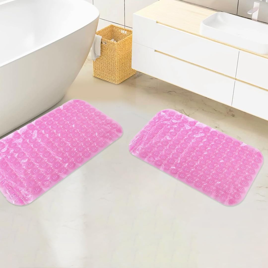 Savya Home Anti Skid Bath Mat for Bathroom, PVC Bath Mat with Suction Cup, Machine Washable Floor Mat (67x37 cm)| Light Pink