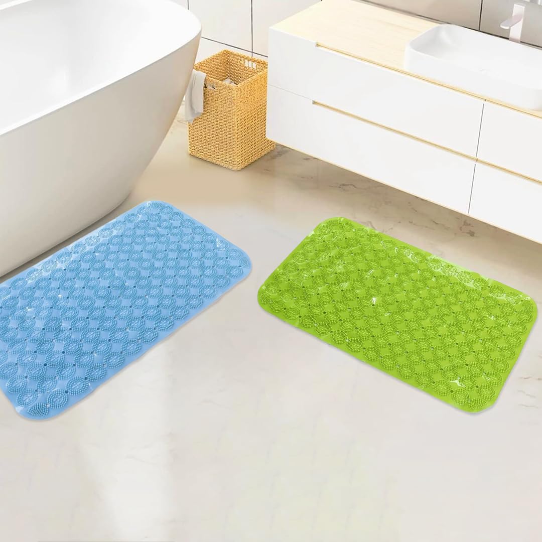 Savya Home Anti Skid Bath Mat for Bathroom, PVC Bath Mat with Suction Cup, Machine Washable Floor Mat (67x37 cm)| Light Blue & Green