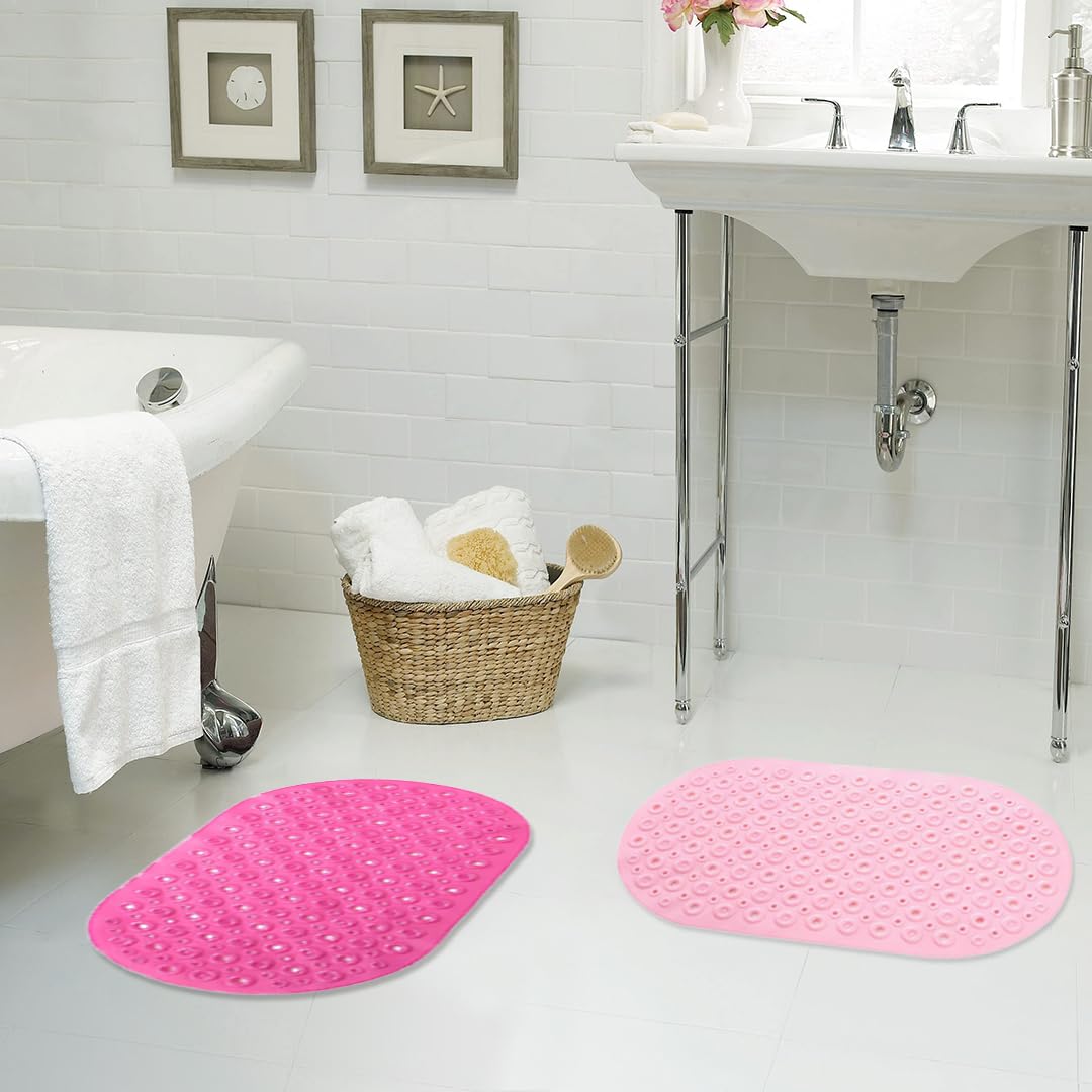 Savya Home Pack of 2 Nonslip Soft Rubber Bath Mat, Rain Mat for Bathtub and Shower, Anti Slip, Anti Bacterial, Machine Washable PVC Bath Mat for Bathroom | 65 x 36 cm |Light Pink & Pink