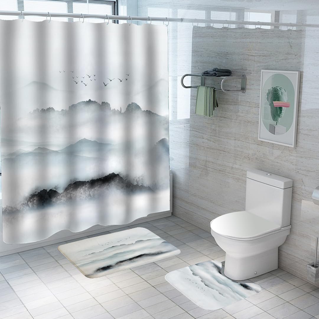 SAVYA HOME Shower Curtain (1) & Bathroom Mat (2) Set, Shower Curtains for Bathroom I, Waterproof Fabric I Anti Skid Mat for Bathroom Floor I Misty Mountains, Pack of 3