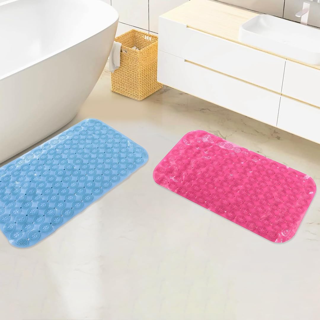 Savya Home Anti Skid Bath Mat for Bathroom, PVC Bath Mat with Suction Cup, Machine Washable Floor Mat (67x37 cm)| Light Blue & Pink