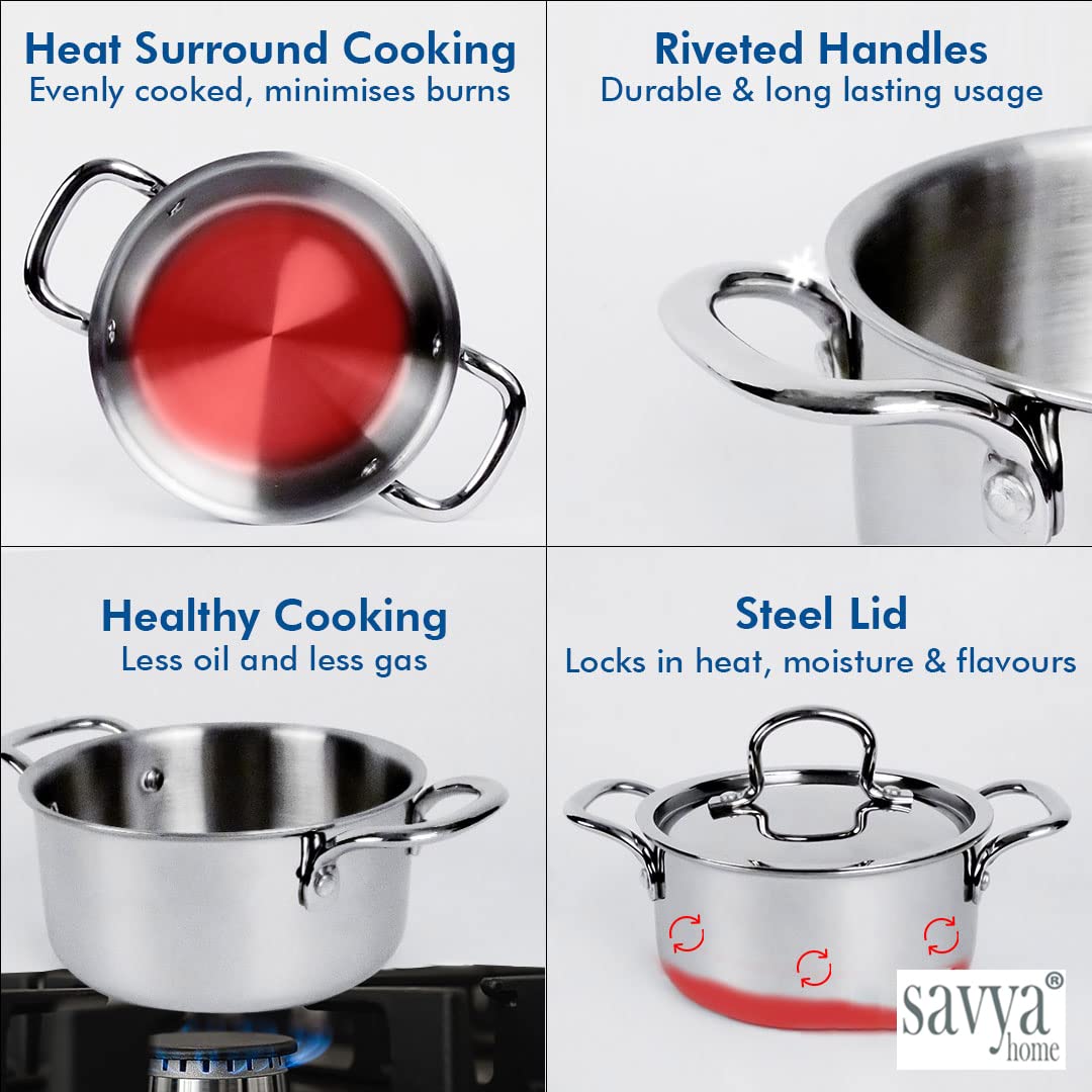 Savya Home Triply Stainless Steel Tope with Lid | Handi Casserole with lid | 4 L | 22 cm Diameter | Gas Stove & Induction Cookware | Durable, Non-Toxic | Easy Grip Handle | Heat Surround Cooking