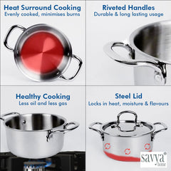 Savya Home Triply Stainless Steel Tope with Lid for Diwali Gifting, Dhanteras | Handi Casserole with lid | 4 L | 22 cm Diameter | Gas Stove & Induction Cookware | Durable, Non-Toxic Pot