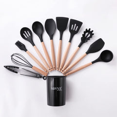 SAVYA HOME Black Silicon Spatula Set of 12 | BPA-Free & Food Grade Silicon | Non-stick Cookware Set, Kitchen Utensils Set | Cooking & Baking Essentials | Heat Resistant | Dishwasher Safe