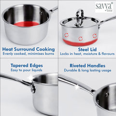 Savya Home Triply Stainless Steel Sauce pan with Lid | 18 cm | 2.2 L | Stove & Induction Cookware | Heat Surround Cooking | Easy Grip Handles | Stainless Steel Sauce pan with Handle