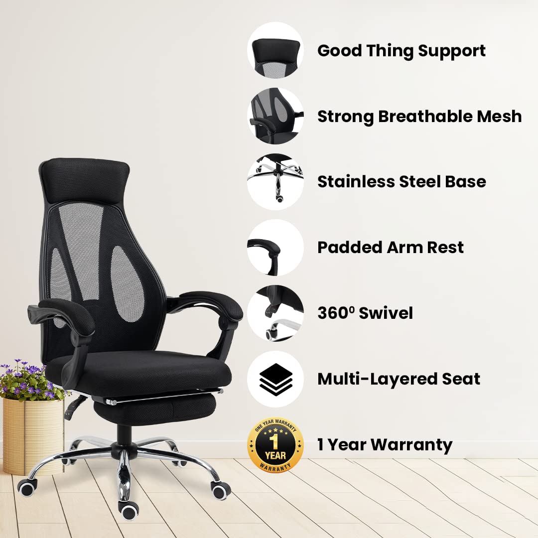 SAVYA HOME Podium Ergonomical Home & Office Chair with Lumbar Support, Height Adjustable seat & Comfortable footrest | 165° Recliner Chair| Study Table Chair (Black)