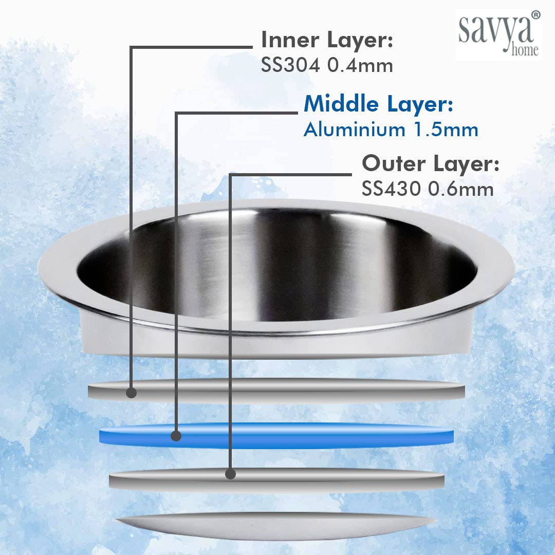 SAVYA HOME Triply Stainless Steel Tope (Patila) with Lid | Handi Casserole with lid | 1.5 L | 16 cm Diameter | 100% PTFE and PFOA Free | Gas Stove & Induction Cookware | Stainless Steel Cookware