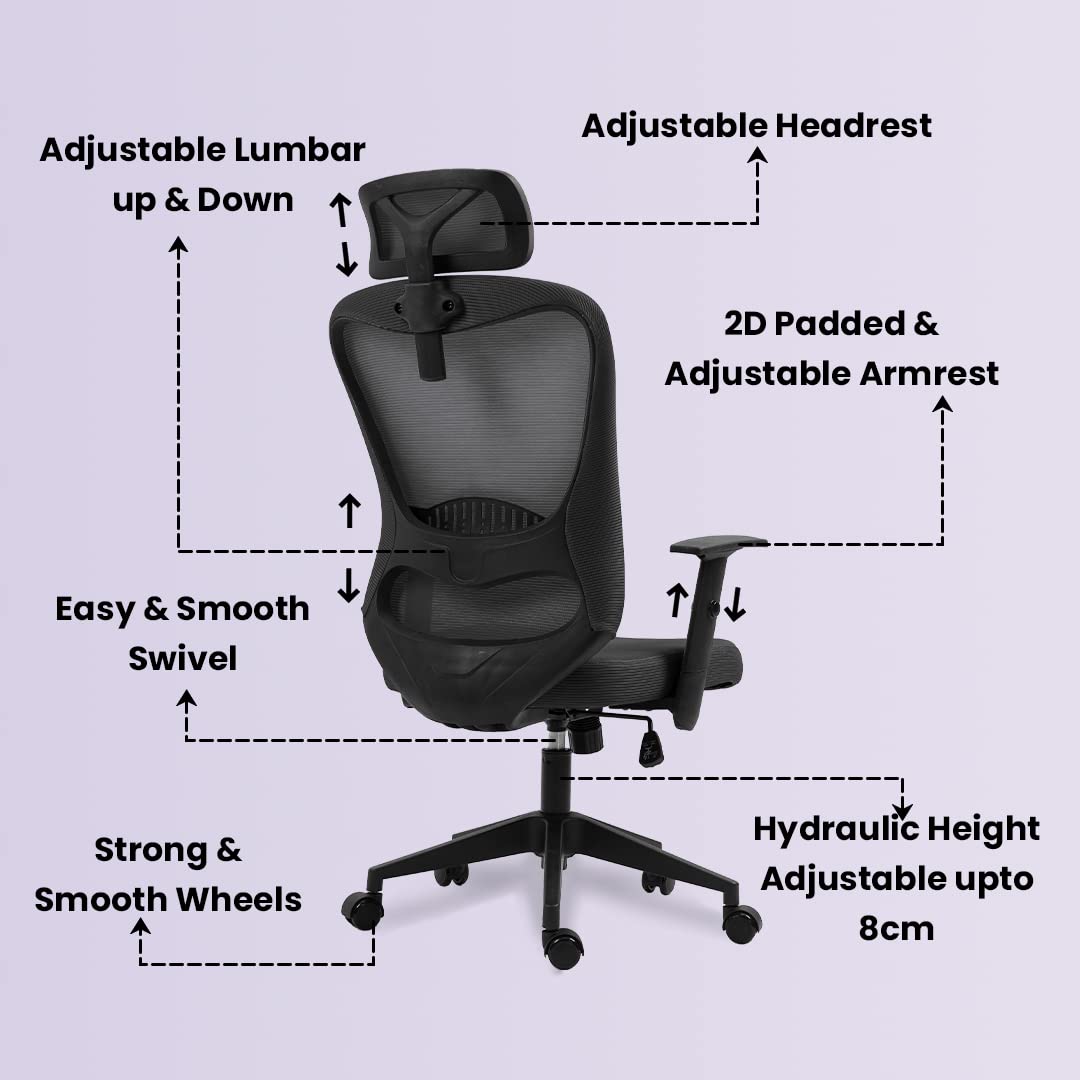 SAVYA HOME Troy High Back Ergonomic Office/Home/Study Chair with Adjustable headrest, armrest & Lumbar Support | 130° Recliner Chair with Height Adjustable Comfortable seat (Black)