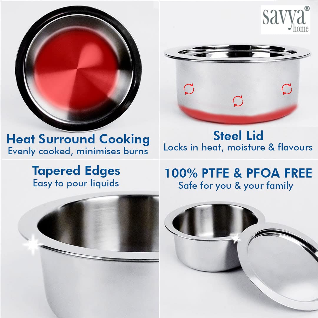 SAVYA HOME Triply Stainless Steel Tope (Patila) with Lid | Handi Casserole with lid | 1.5 L | 16 cm Diameter | 100% PTFE and PFOA Free | Gas Stove & Induction Cookware | Stainless Steel Cookware