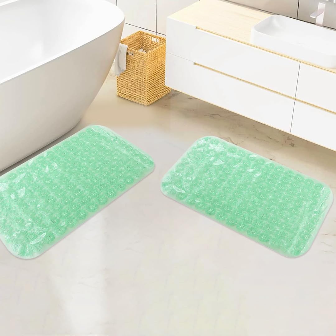 Savya Home Anti Skid Bath Mat for Bathroom, PVC Bath Mat with Suction Cup, Machine Washable Floor Mat (67x37 cm)| Light Green & Light Green