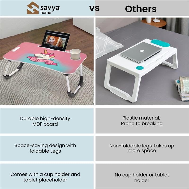 SAVYA HOME Multi-Purpose Portable Laptop Table, Foldable Wooden Desk for Bed Tray, Laptop Table, Study Table with Mug Holder, Ergonomic, Non-Slip Legs, Breakfast in Bed Table, Unicorn
