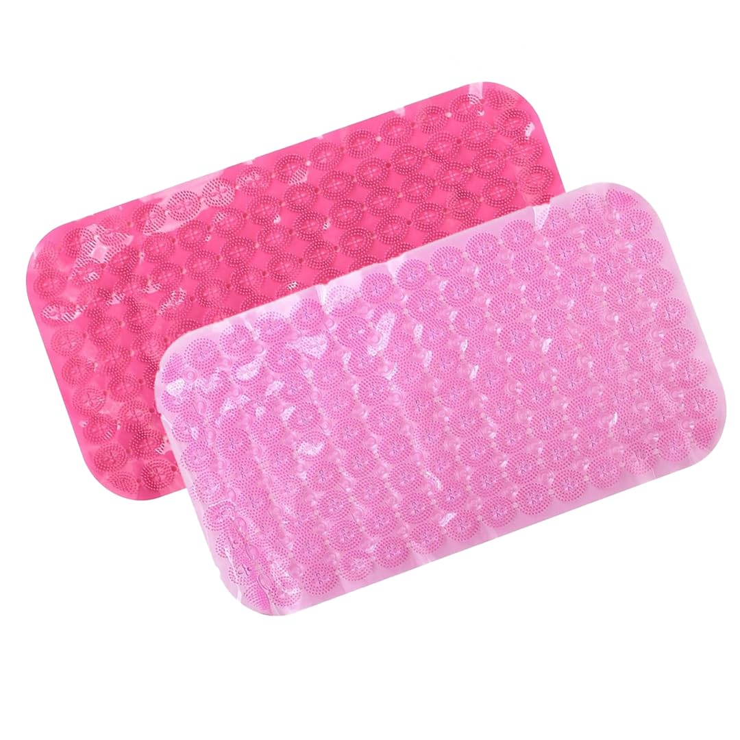 Savya Home Anti Skid Bath Mat for Bathroom, PVC Bath Mat with Suction Cup, Machine Washable Floor Mat (67x37 cm)| Pink & Light Pink