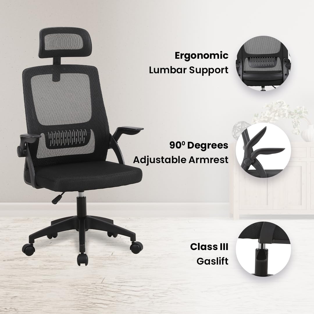 Savya Home Jasper+ High Back Chair for Office Work at Home, Ergonomic Office Chair for Study Table, Computer Chair, Study Chair, Revolving Chair with Breathable Mesh Back, Heavy Duty Nylon Base, Black