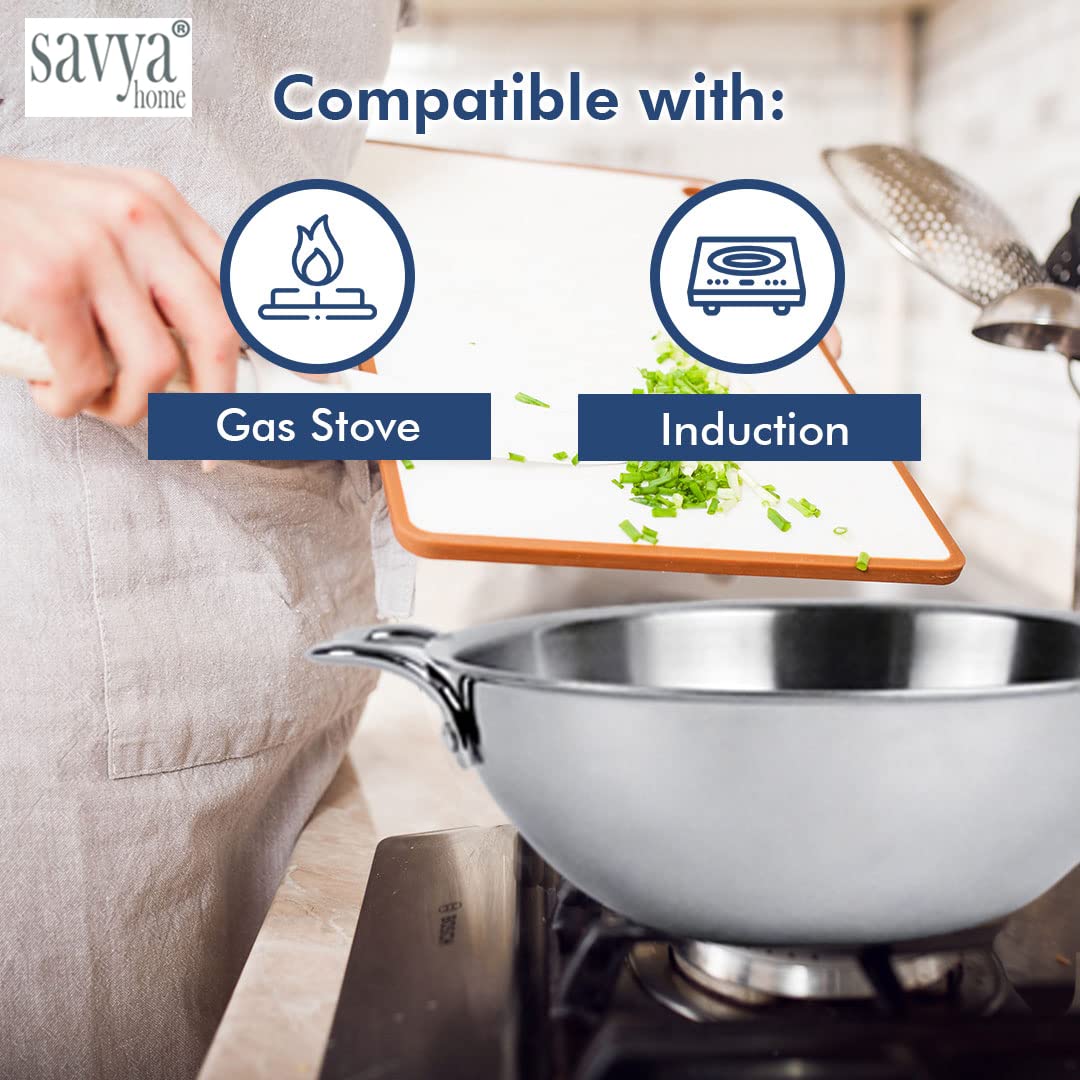 SAVYA HOME Triply Stainless Steel Kadai with Lid | 24 cm Diameter | 2.6 L Capacity | Stove & Induction Cookware | Heat Surround Cooking | Triply Stainless Steel cookware with lid