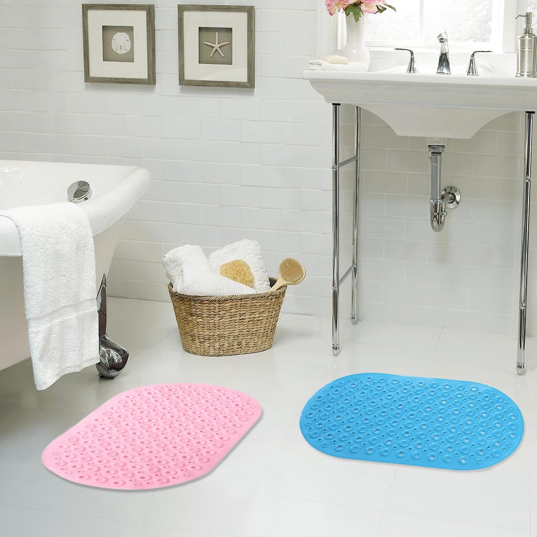 Savya Home Pack of 2 Nonslip Soft Rubber Bath Mat, Rain Mat for Bathtub and Shower, Anti Slip, Anti Bacterial, Machine Washable PVC Bath Mat for Bathroom | 65 x 36 cm |Blue & Light Pink