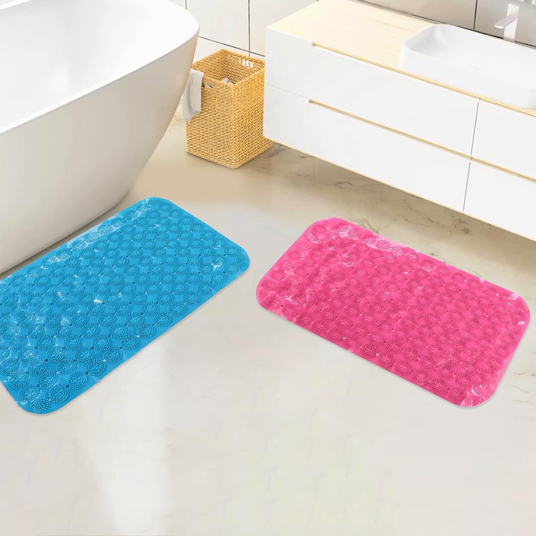 Savya Home Anti Skid Bath Mat for Bathroom, PVC Bath Mat with Suction Cup, Machine Washable Floor Mat (67x37 cm)| Blue & Pink