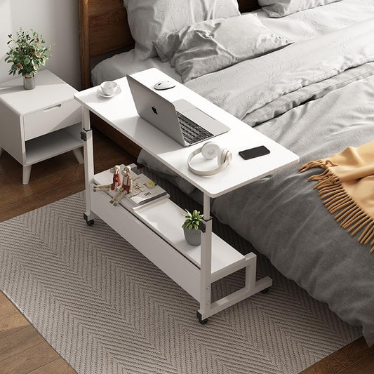 SAVYA HOME Multipurpose Manual Height Adjustable Desk with Wheels for Home, Office, Room, Bedside, Couch|MDF Table Top with Carbon Steel Frame (White)