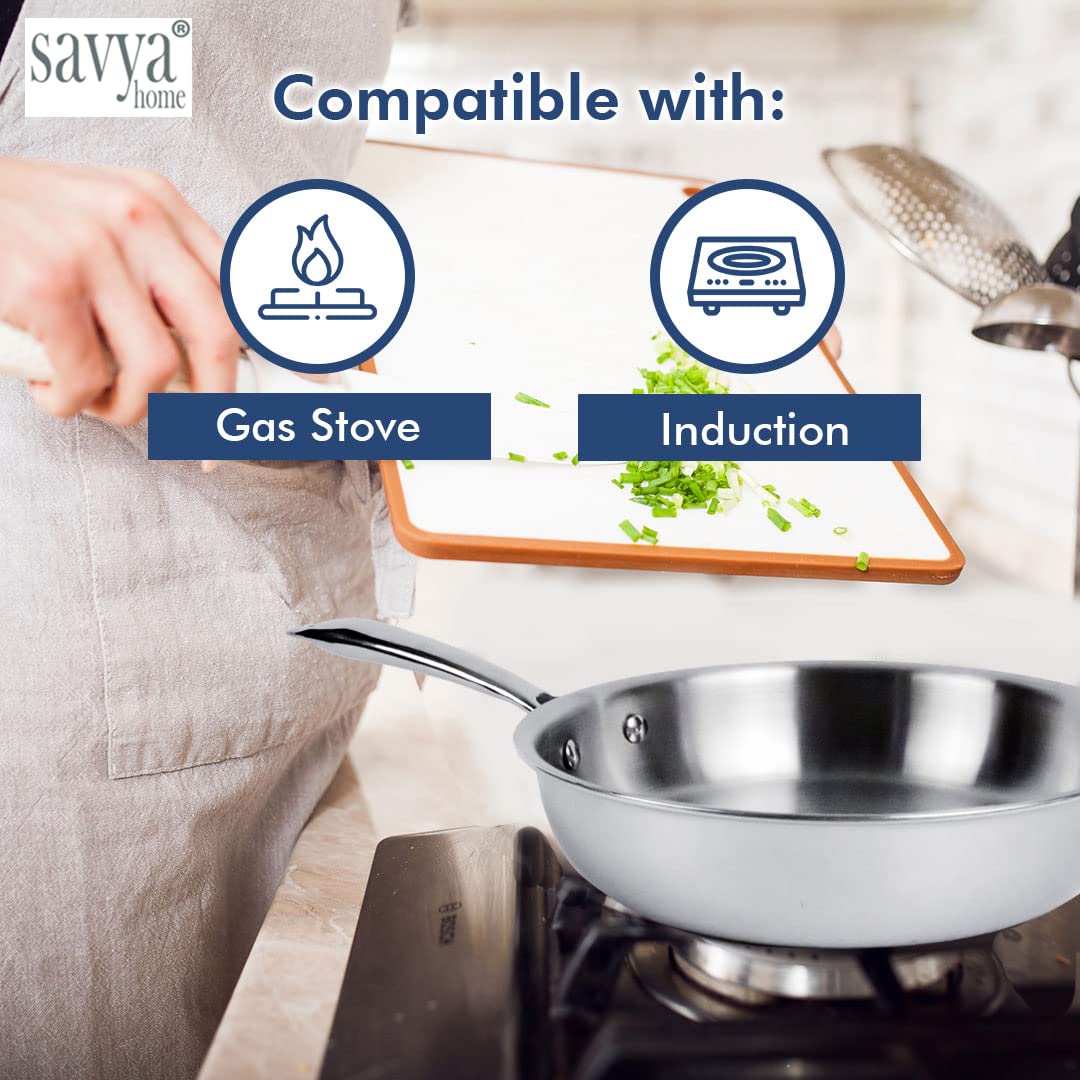 SAVYA HOME Triply Stainless Steel Frying Pan | 20 cm | 1.2 L | Stove & Induction Cookware | Heat Surround Cooking | Easy Grip Handles | Stainless Steel Fry Pan