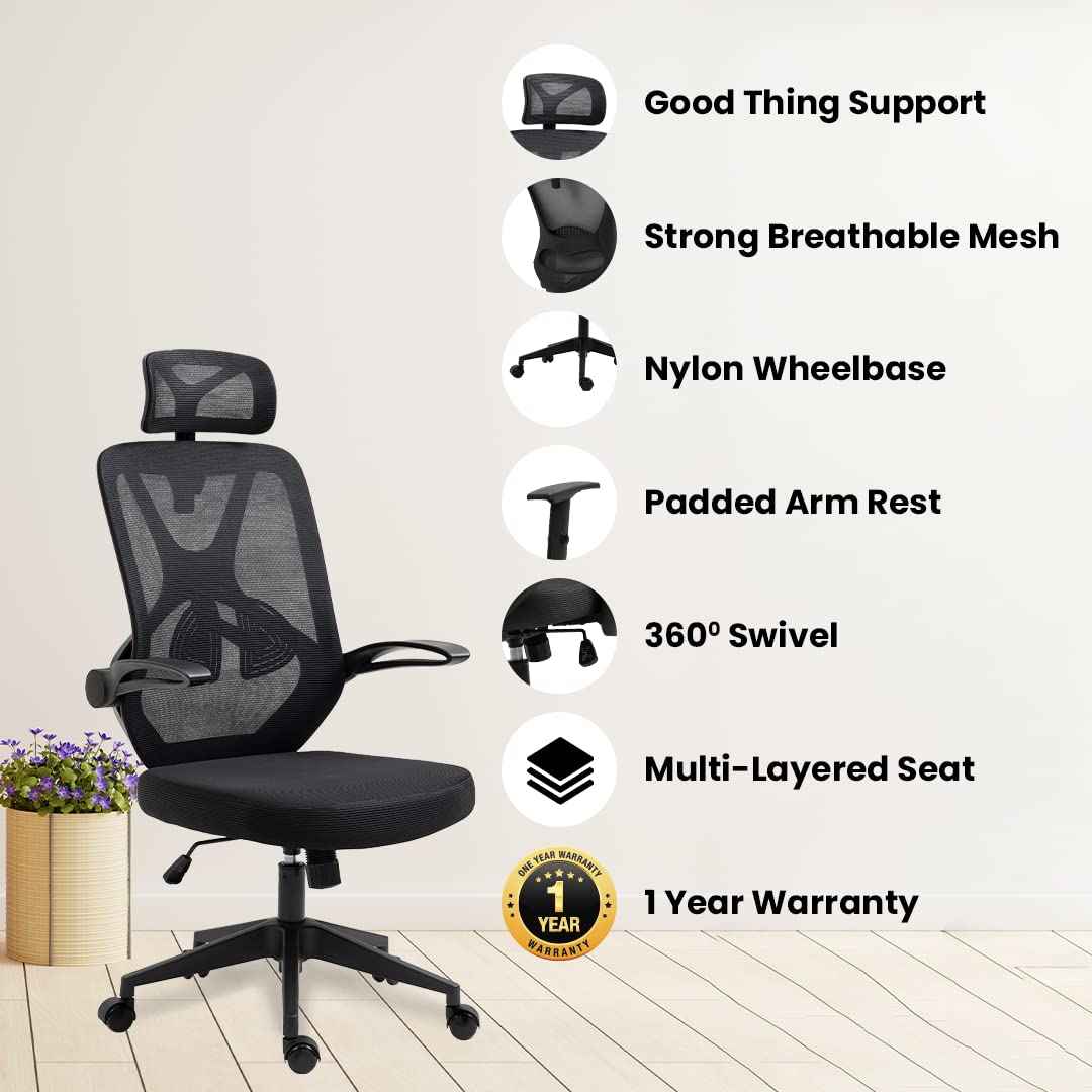 SAVYA HOME Troy High Back Ergonomic Office/Home/Study Chair with Adjustable headrest, armrest & Lumbar Support | 130° Recliner Chair with Height Adjustable Comfortable seat (Black)