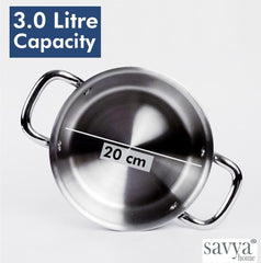 Savya Home Triply Stainless Steel Tope (Patila) with Lid | Handi Casserole with lid | 3L | 20 cm Diameter | 100% PTFE and PFOA Free | Gas Stove & Induction Cookware | Stainless Steel Cookware