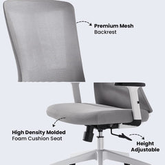 SAVYA HOME Meridian Office Chair, High Back Mesh Ergonomic Office Desk Chair/Study Table Chair with 2D Adjustable Armrests, Height Adjustable seat, 135° Recliner Chair (Black) (Grey)