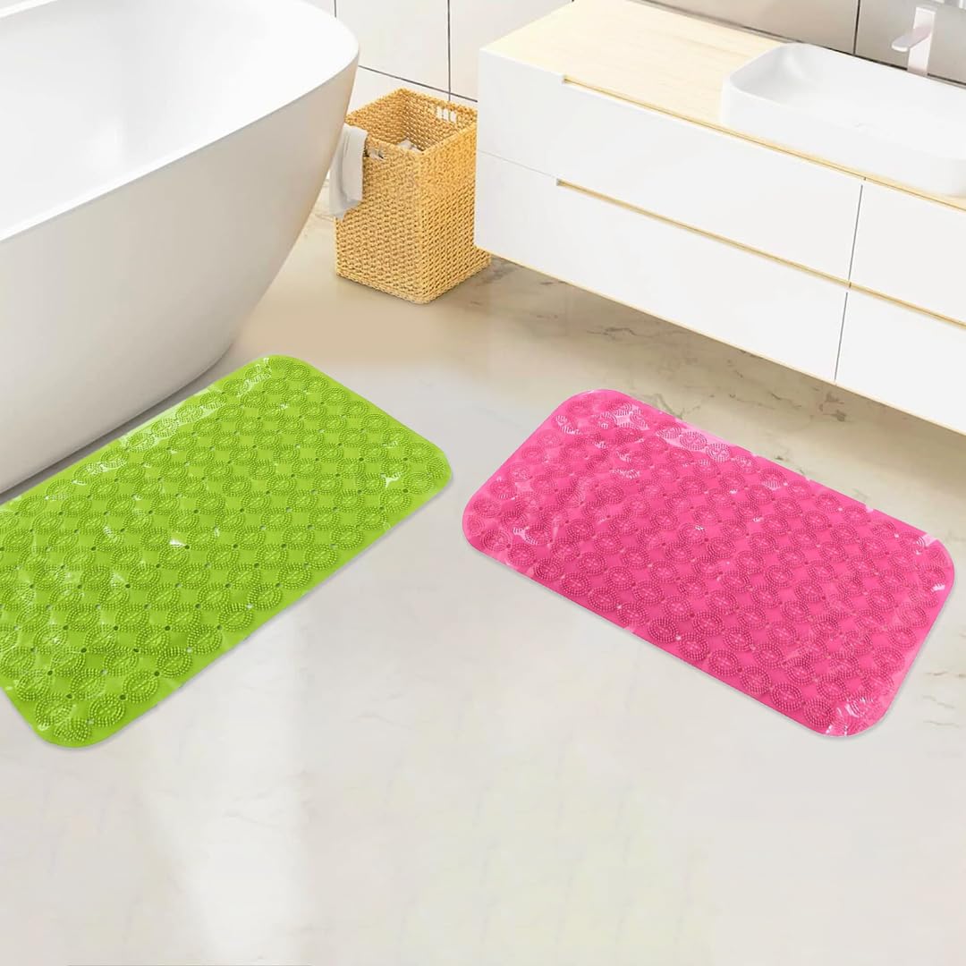Savya Home Anti Skid Bath Mat for Bathroom, PVC Bath Mat with Suction Cup, Machine Washable Floor Mat (67x37 cm)| Green & Pink