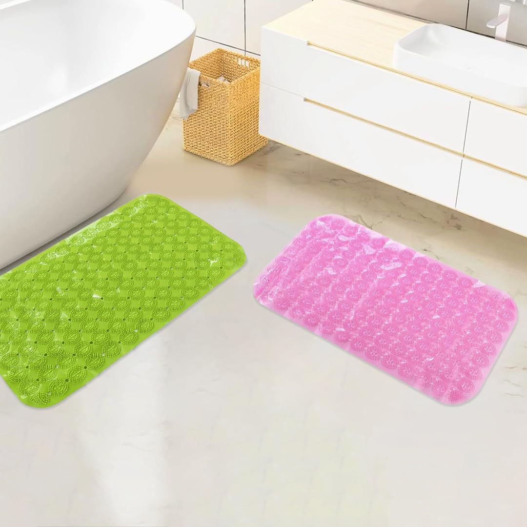 Savya Home Anti Skid Bath Mat for Bathroom, PVC Bath Mat with Suction Cup, Machine Washable Floor Mat (67x37 cm)| Green & Light Pink