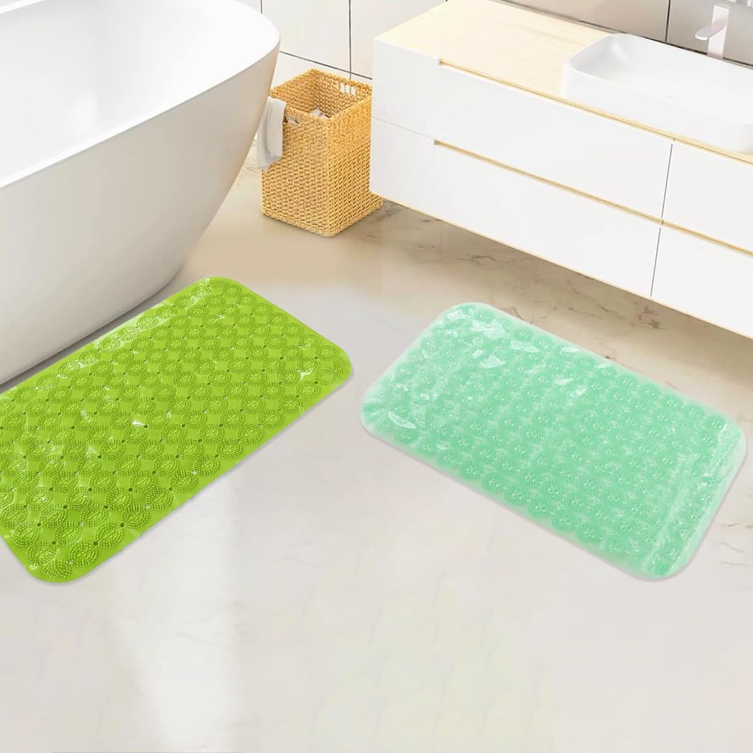 Savya Home Anti Skid Bath Mat for Bathroom, PVC Bath Mat with Suction Cup, Machine Washable Floor Mat (67x37 cm)| Light Green & Green